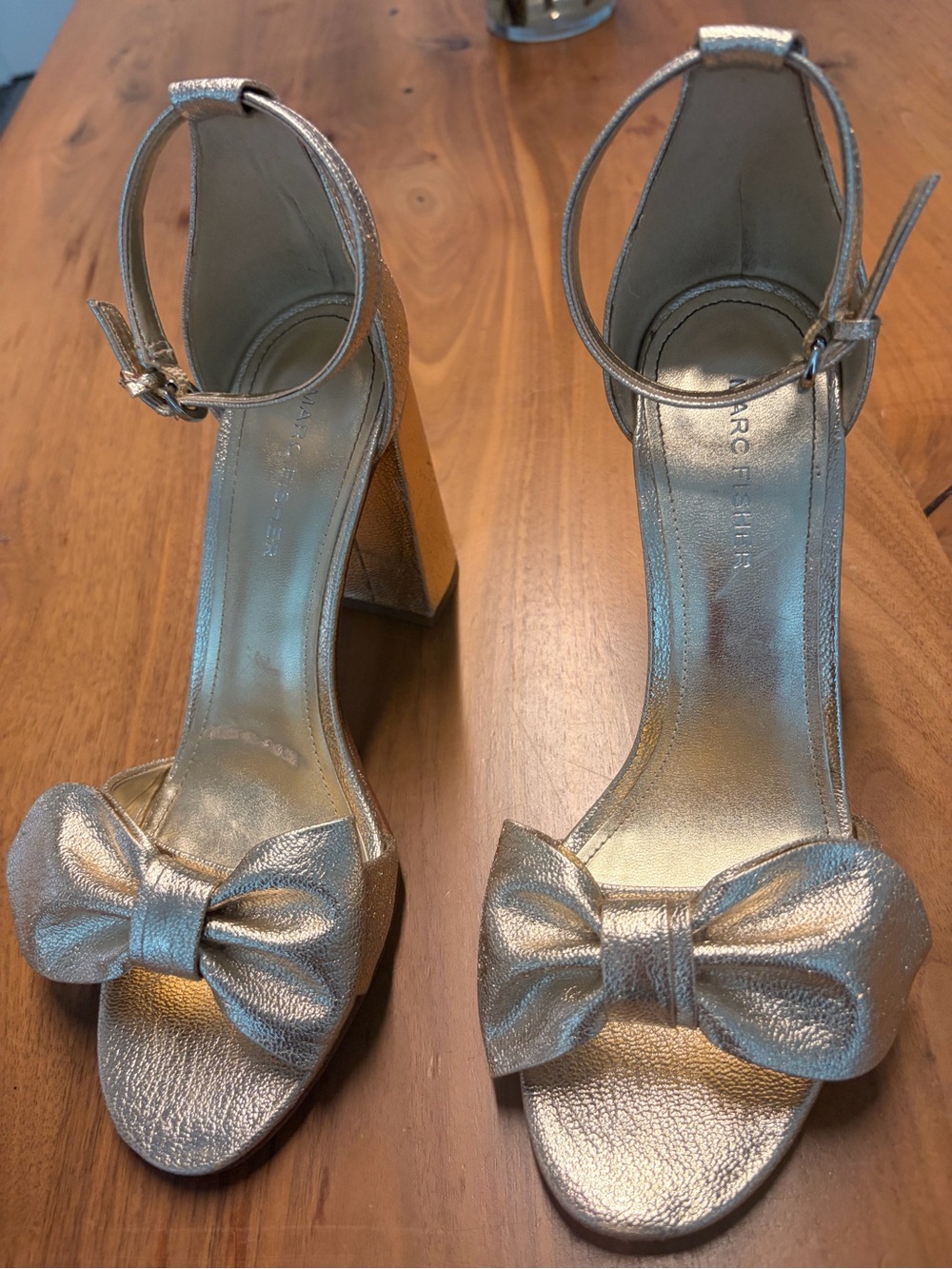 Marc Fisher Gold Knotted Bow Block Heel Sandals - Picture 2 of 7
